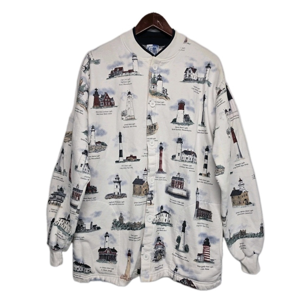 VTG Art Unlimited Sweatshirt Mens XL AOP Button Lighthouse Cardigan Novelty 3187